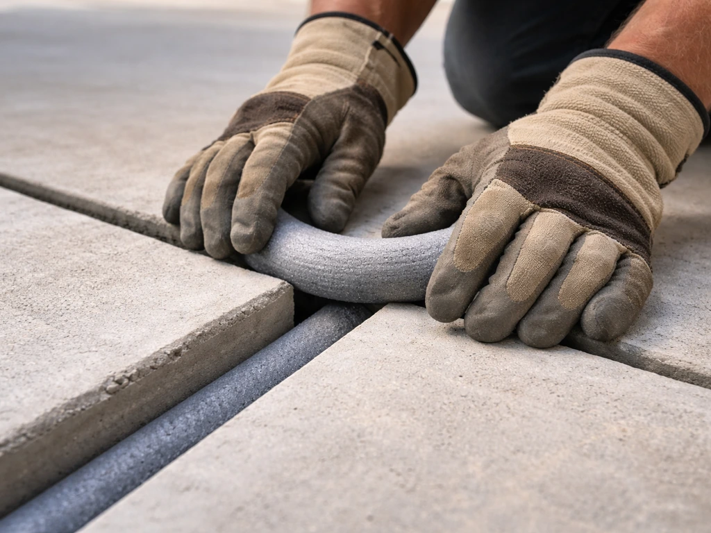 Close-up of foam expansion joint filler strip placed in a wide concrete gap, ready for sealant.