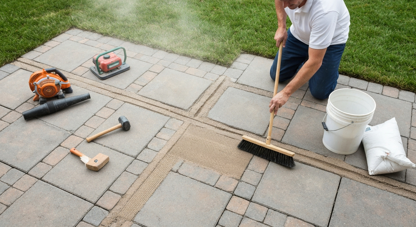 Homeowner sweeping polymeric sand into patio joints with tools (plate compactor, leaf blower) visible nearby.