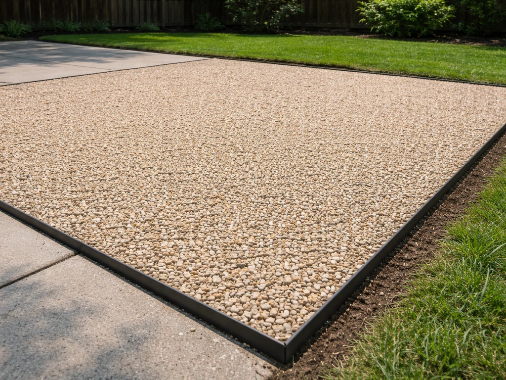 Even pea gravel patio with straight edging restraints and a level, stable surface in daylight.