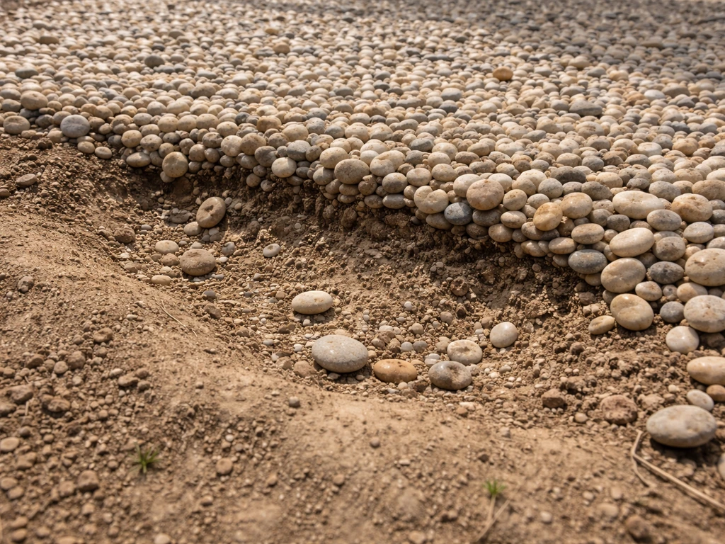 Close-up of pea gravel patio edge with a slightly sunken patch and gravel shifted outward