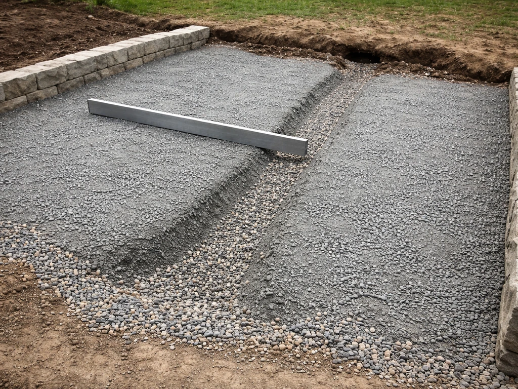 Excavated patio base with compacted stone layers and a drainage channel leading to a slope.