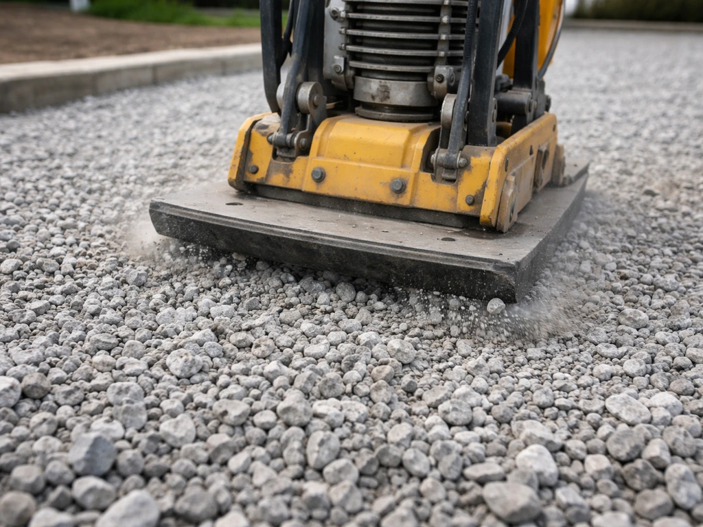 Plate compactor compressing freshly laid crushed aggregate base on a driveway