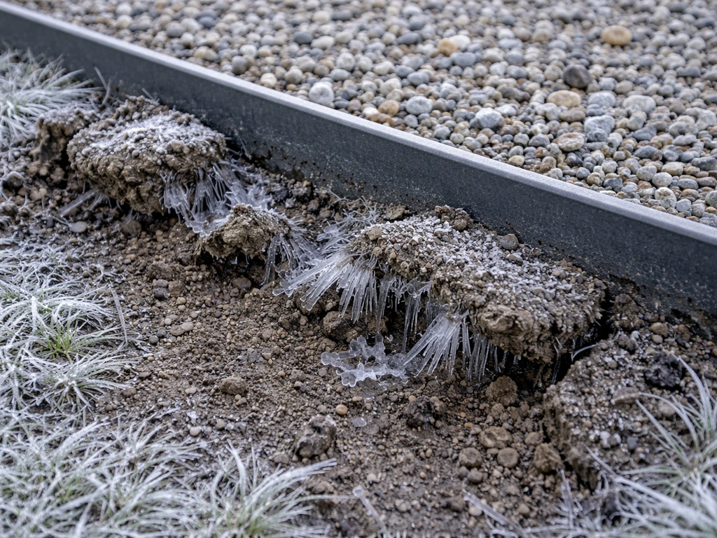 Icy soil beneath an edging line showing uplift and dark water staining from freeze-thaw heaving.