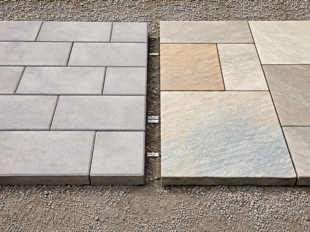 Small outdoor patio materials laid side-by-side: concrete pavers and natural stone slabs with visible thickness and fini