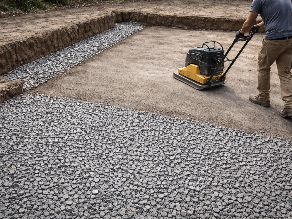 Plate compactor compressing a patio sub-base with gravel drainage trench in the background.