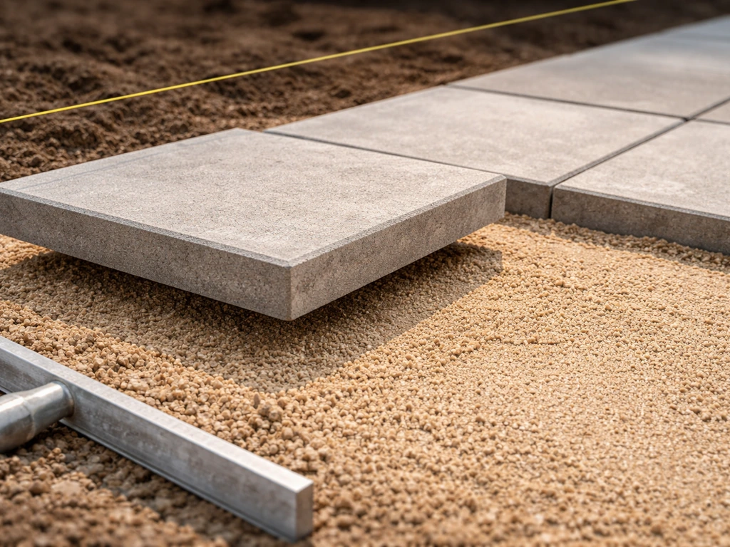 Side view of a concrete patio slab set on leveled coarse sand with even spacing and an alignment guide line.