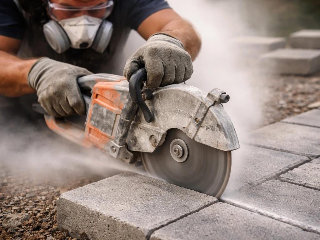 Anonymous worker wearing PPE cutting concrete paver with a diamond-blade circular saw on a jobsite.