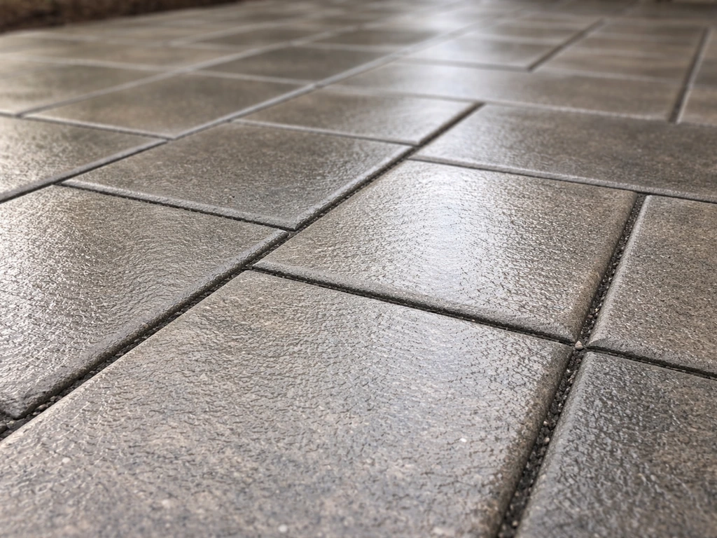 Clean sealed patio slabs with uniform sheen and filled joints, viewed from ground level