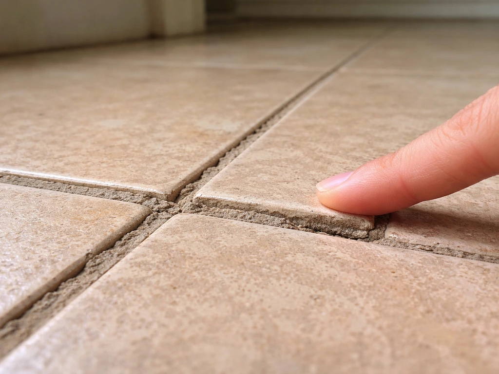 Level tiled floor with cracked, crumbling grout lines and a gentle rocking test of one tile edge.