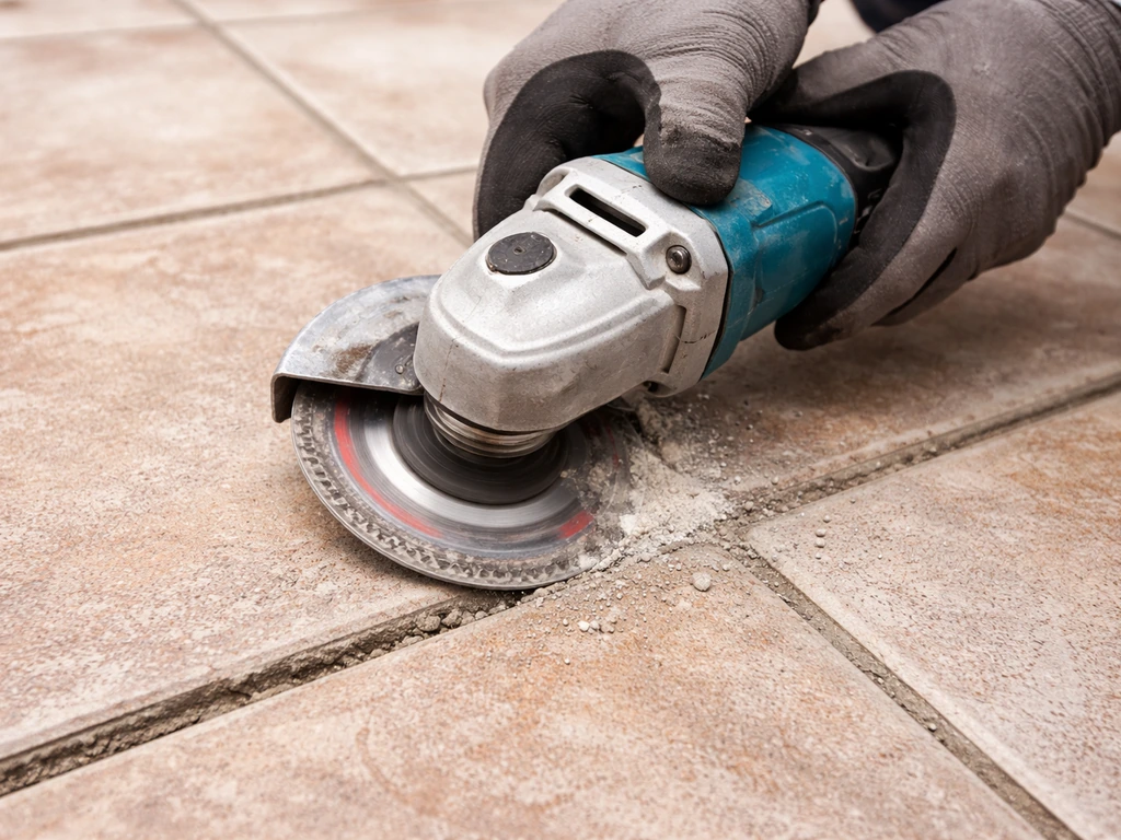 Gloved hands use an angle grinder with a raking disc to remove old grout from between tile joints.