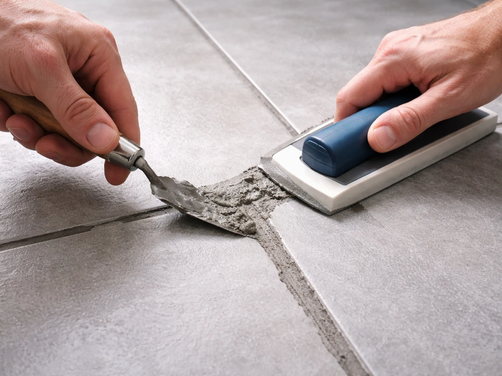 Close-up of hands using a pointing trowel to fill and smooth fresh grout joints between floor tiles.
