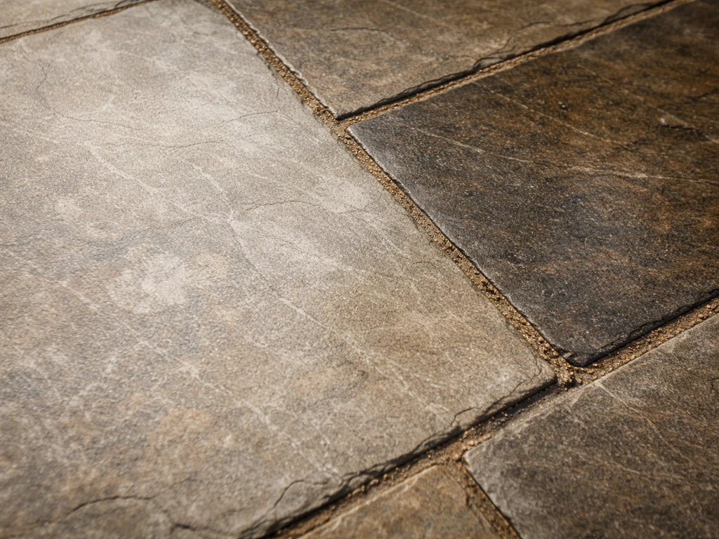 Close-up of outdoor stone slabs with a white hazy residue on part of the surface
