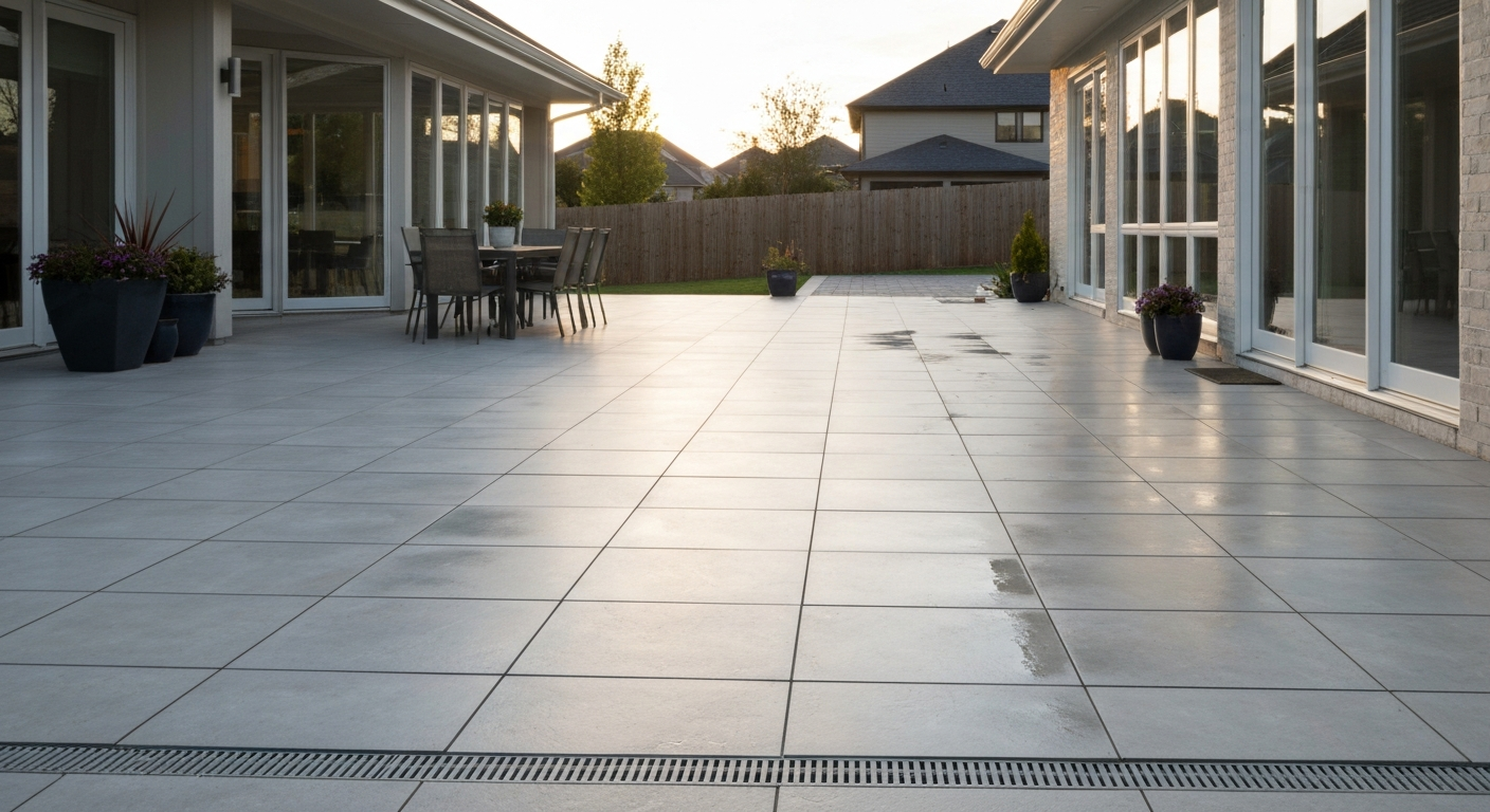 Wide-angle view of a finished modern porcelain tile patio with large-format tiles, minimal grout lines, furniture, and visible slope away from the house.