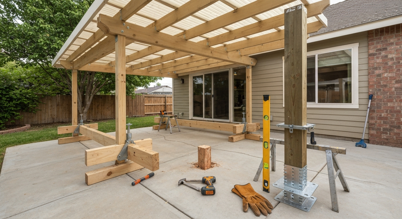 Backyard patio cover with temporary shoring and a new pressure-treated post staged by a standoff post base.