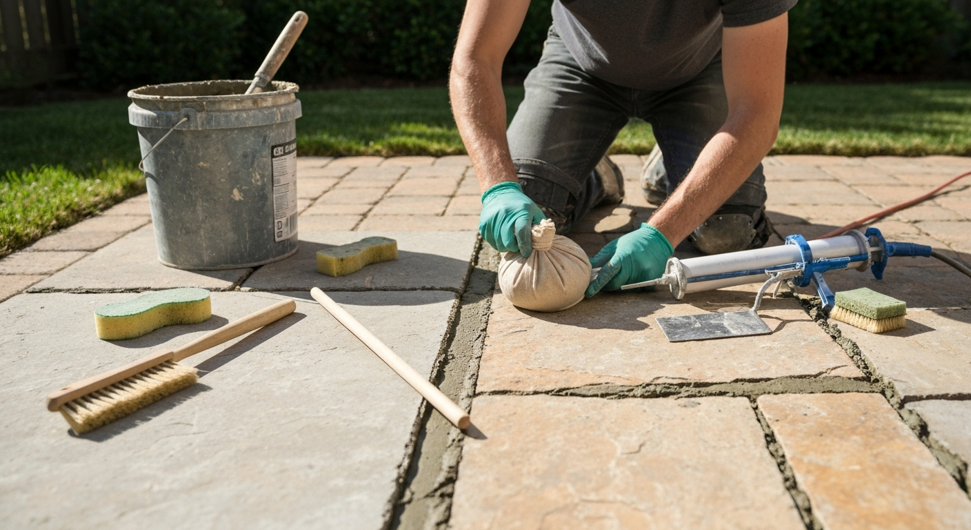 Hand in glove using a grout bag to fill joints between patio slabs, with mortar bucket, trowel and wooden dowel visible on the patio surface.
