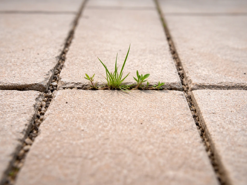 Close-up patio tile joints showing missing grout, weeds growing, and wider gaps
