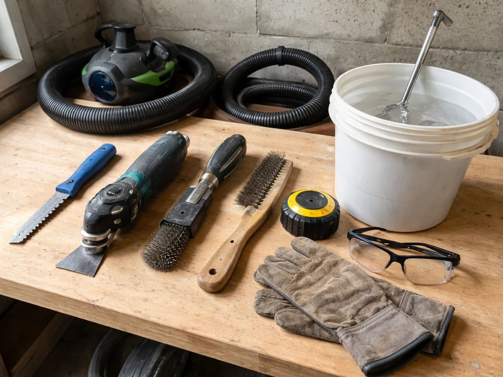 Tools and protective gear laid out for masonry joint repair on a clean workbench.