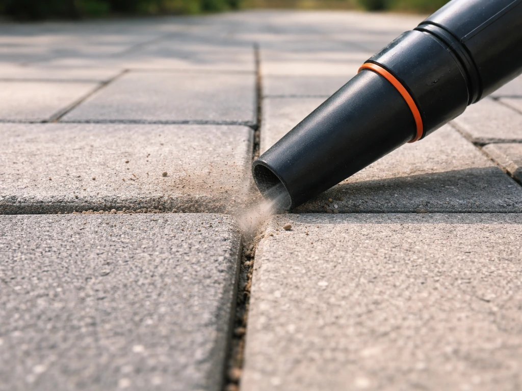 Close-up of a patio paver joint being cleaned as dust is blown out with a handheld leaf blower.