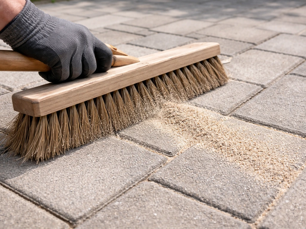 Hand sweeping polymeric sand into dry paver joints, with filled lines visible between pavers.