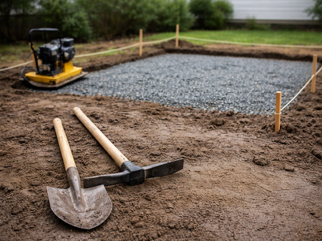 Spade, mattock, gravel, stakes, and a plate compactor laid out for slab excavation and drainage planning
