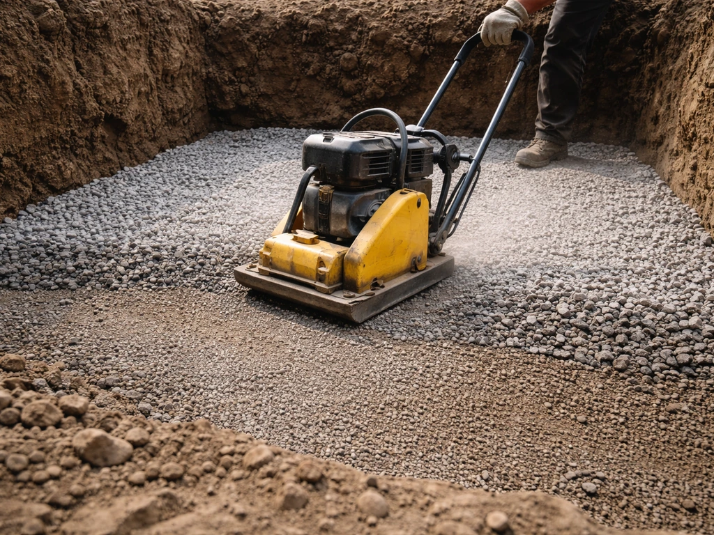 Plate compactor compacting layered gravel sub-base in an excavation pit