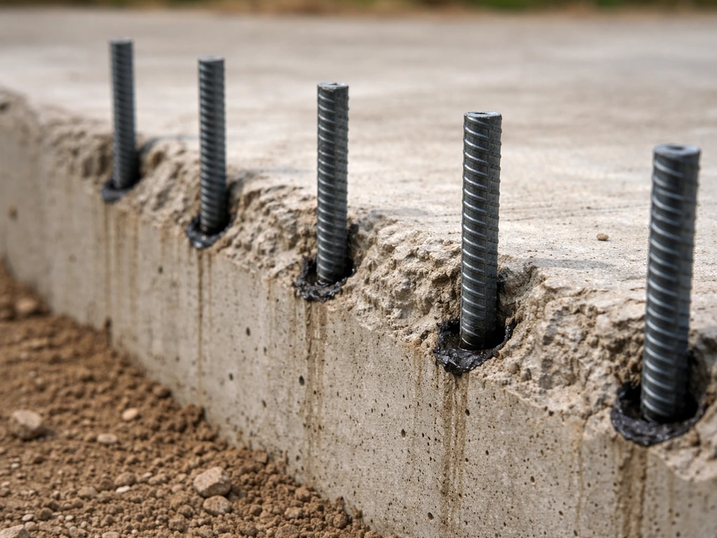Concrete slab edge with rebar dowels set into drilled holes, epoxy ready for a new pour