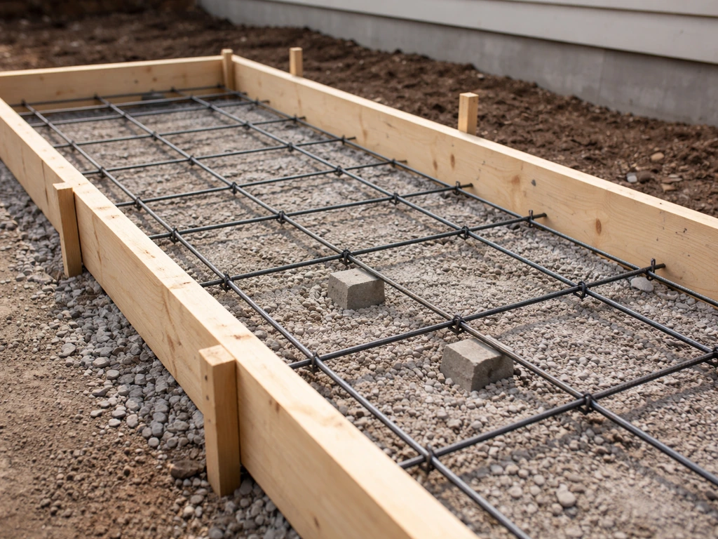 2x4 perimeter forms with rebar reinforcement set inside, supported on spacers in a small slab extension area