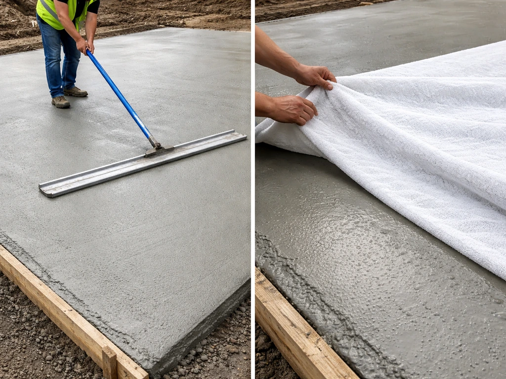Worker bull floating a fresh concrete slab, then applying wet curing cover to keep it moist.