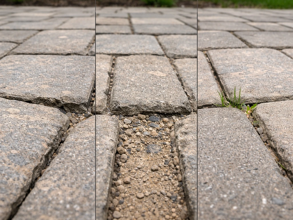 Close-up patio pavers showing sunken, washed-out joints and weed growth between stones.