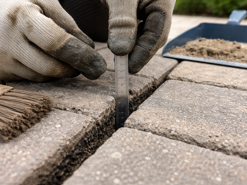 Hand tools and a depth gauge used to measure a cleaned paver joint after failed material is removed.