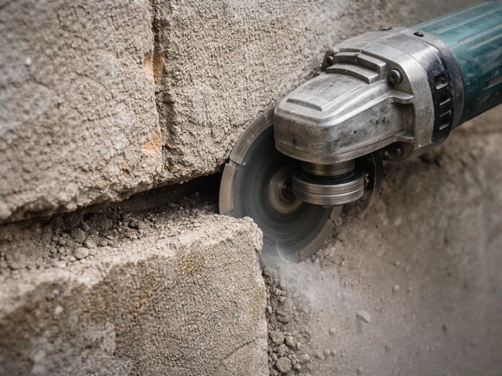 Angle grinder cutting out deteriorated mortar joint in concrete, showing deeper removed cavity.