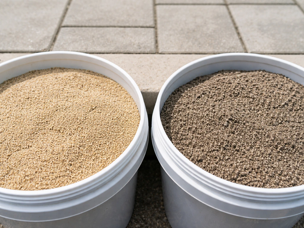 Close-up side-by-side containers of light kiln-dried sand and darker polymeric sand for paver joints.