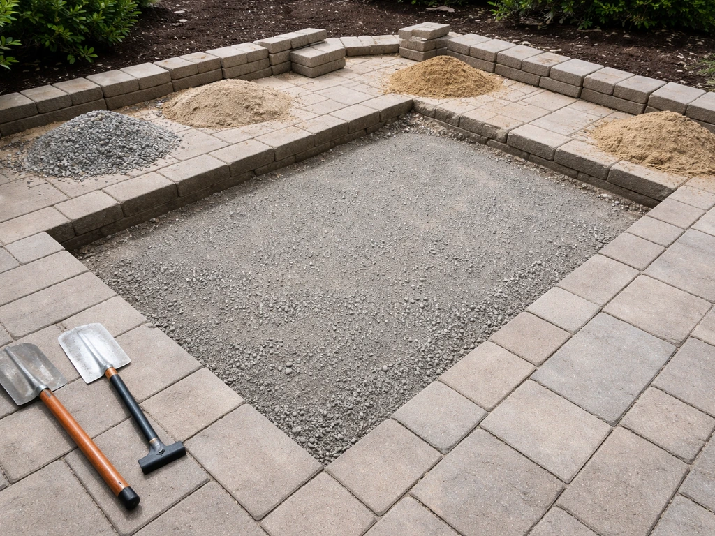 Excavated patio base with compacted subbase and staged gravel/sand before brick rebuilding.