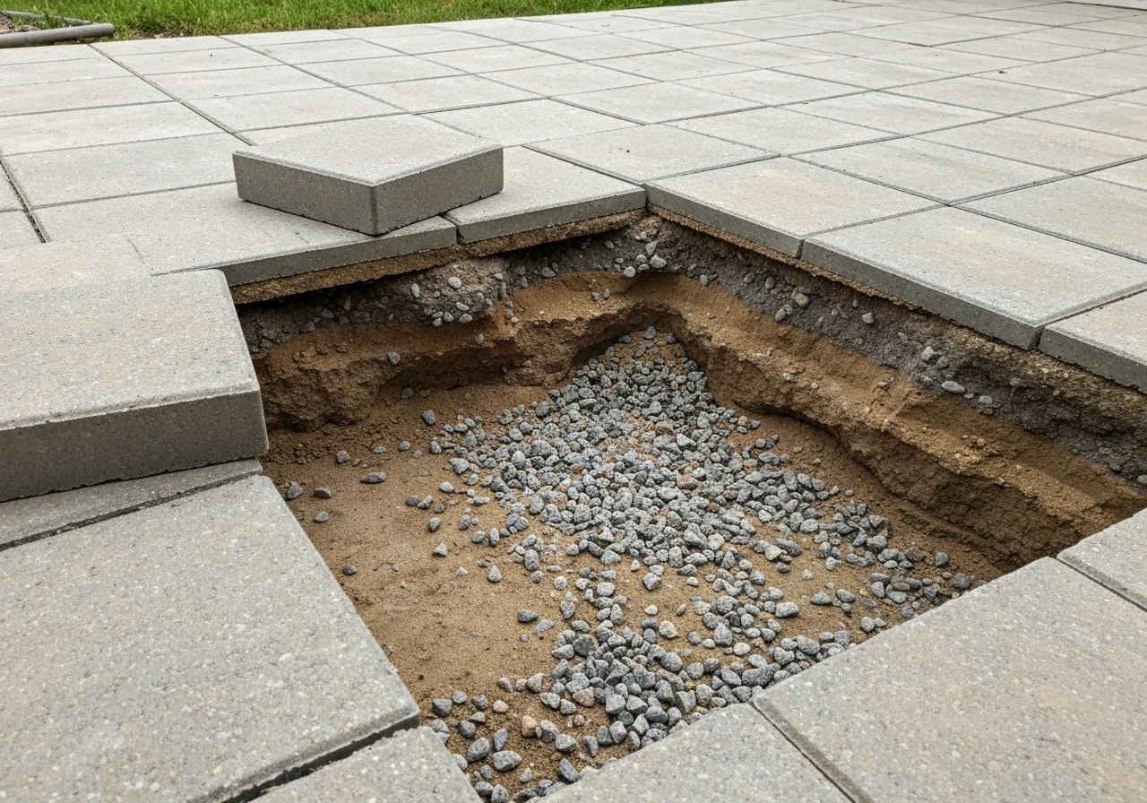 Exposed patio paver base showing loose, eroded gravel and uneven sinking around paver edges.