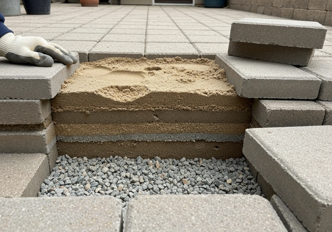 Exposed patio layers after lifting pavers, showing bedding sand and base gravel with small voids