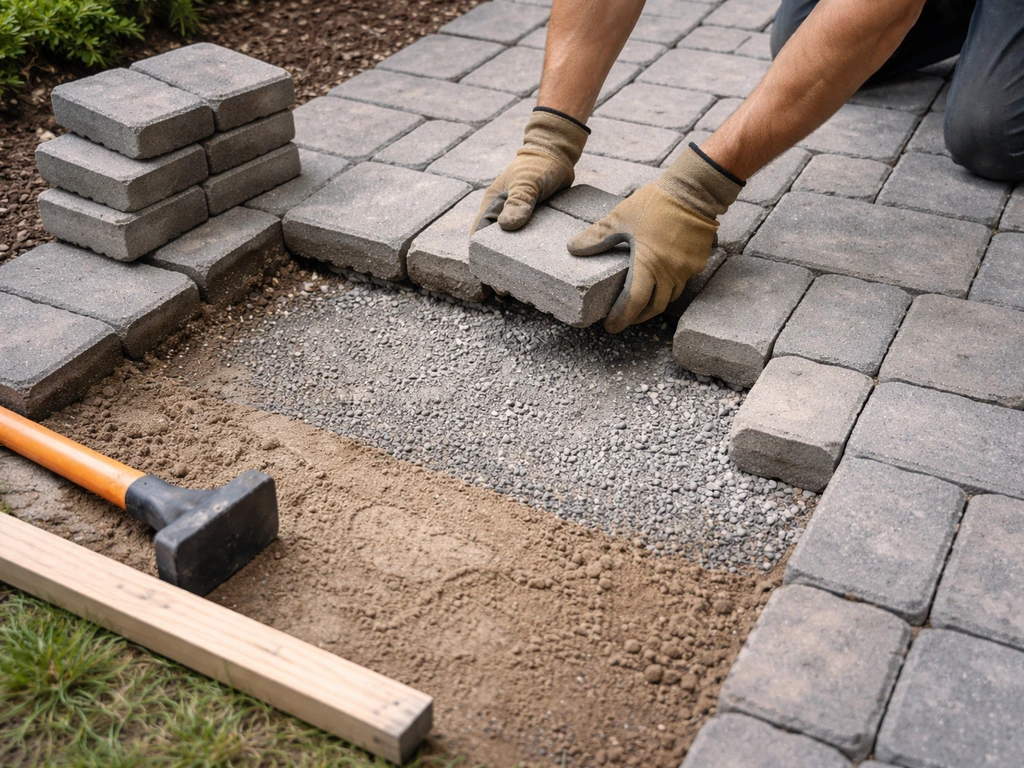 Worker lifting concrete pavers from a partially rebuilt walkway with a compacted gravel base visible