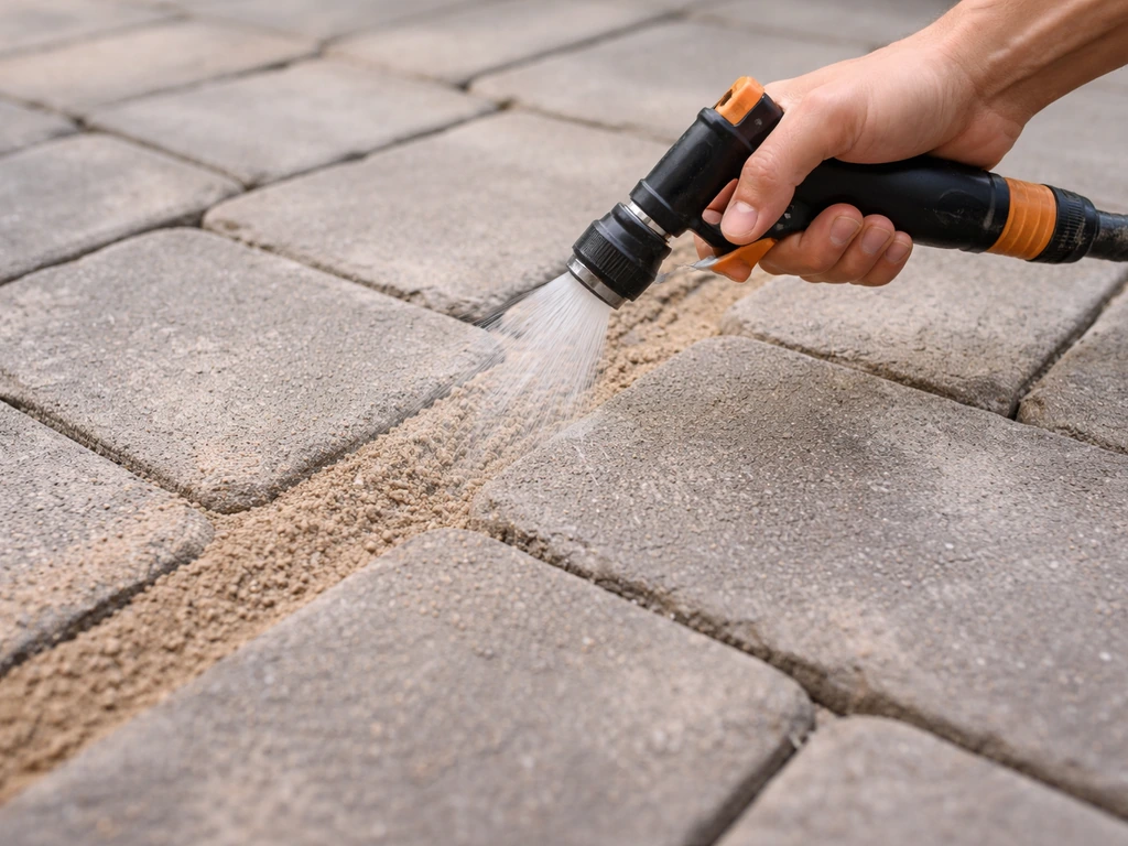 Hand holds a watering can misting polymeric joint sand into a paved patio’s cracks