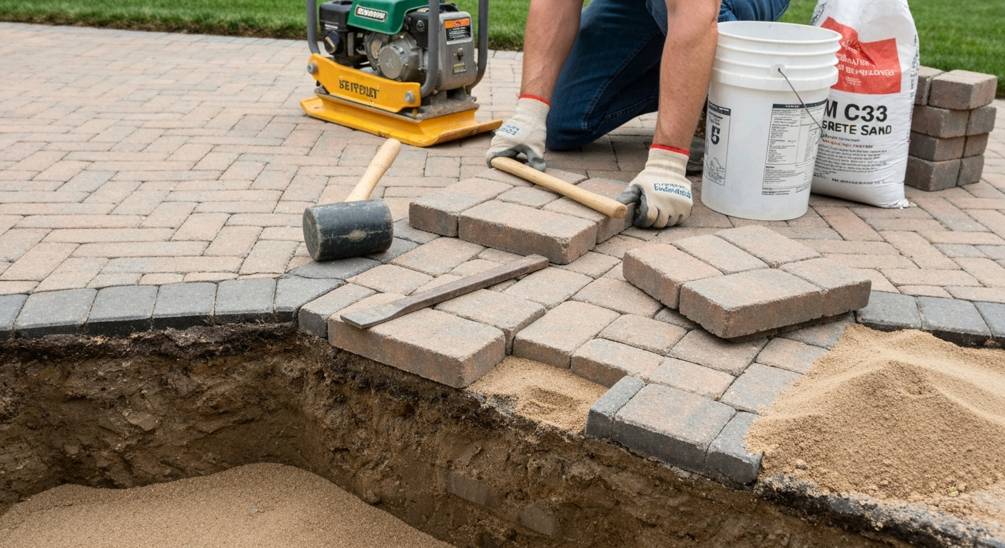 Homeowner kneeling at a small repair area showing lifted pavers stacked in order, pry bar and tools nearby, and a plate compactor and bag of ASTM C33 sand in the background.