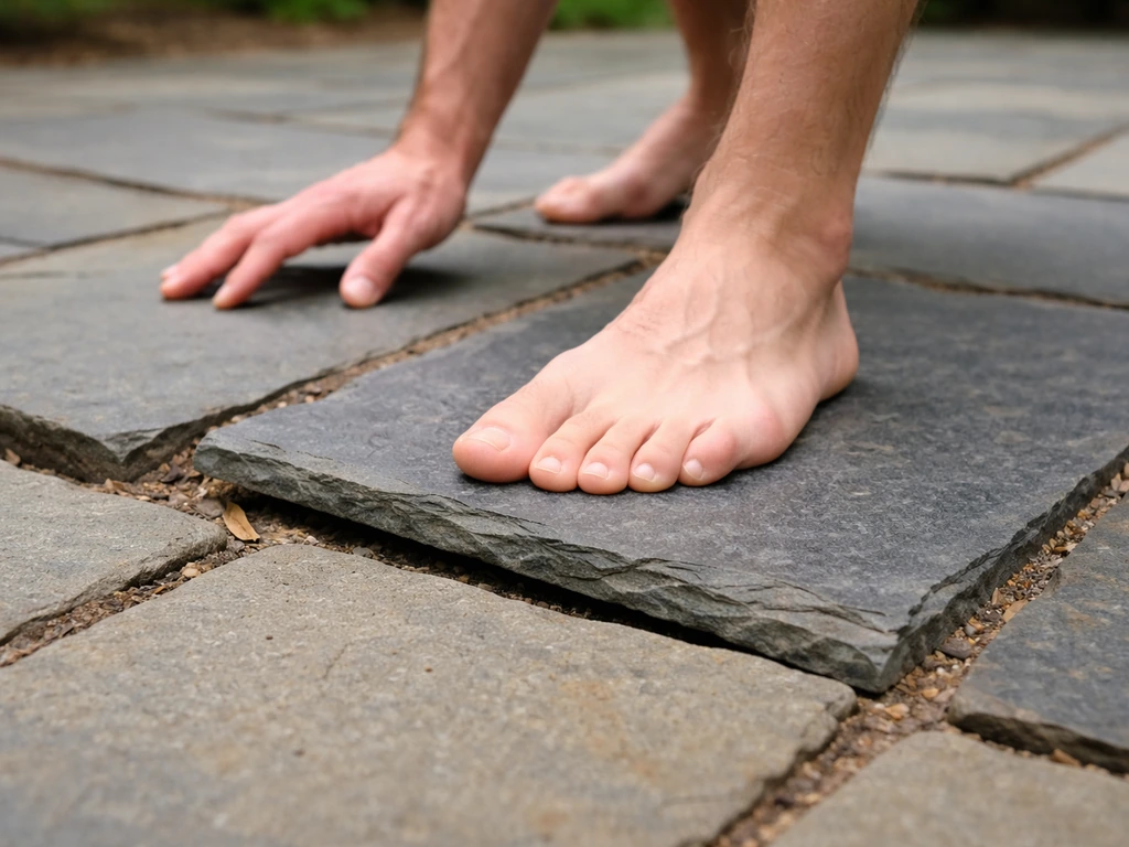 Close-up of a foot pressing a slightly loose slate patio tile to check for rocking.