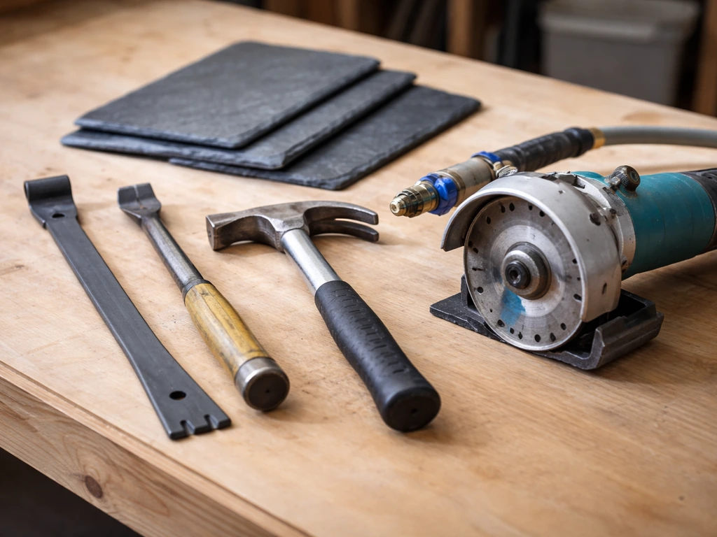 Tools for slate tile removal and replacement on a simple workbench: pry bar, chisel, hammer, diamond wet-cut saw.