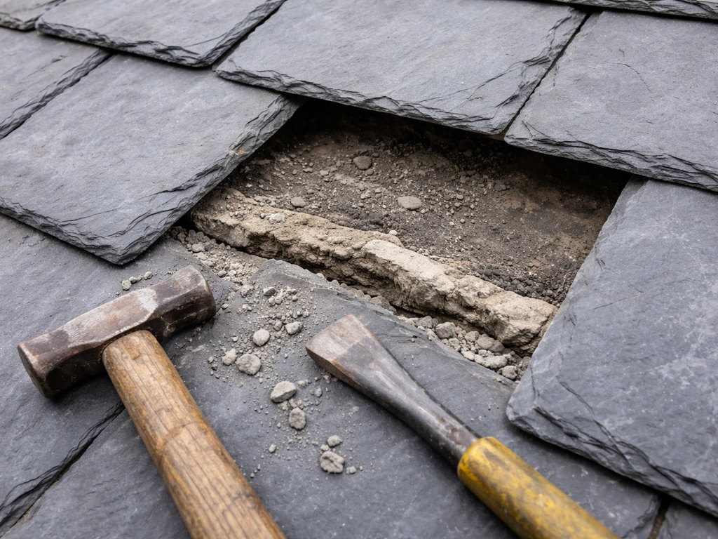 Broken slate roof tile removed, with chisel and hammer nearby and old mortar chipped from the joints.