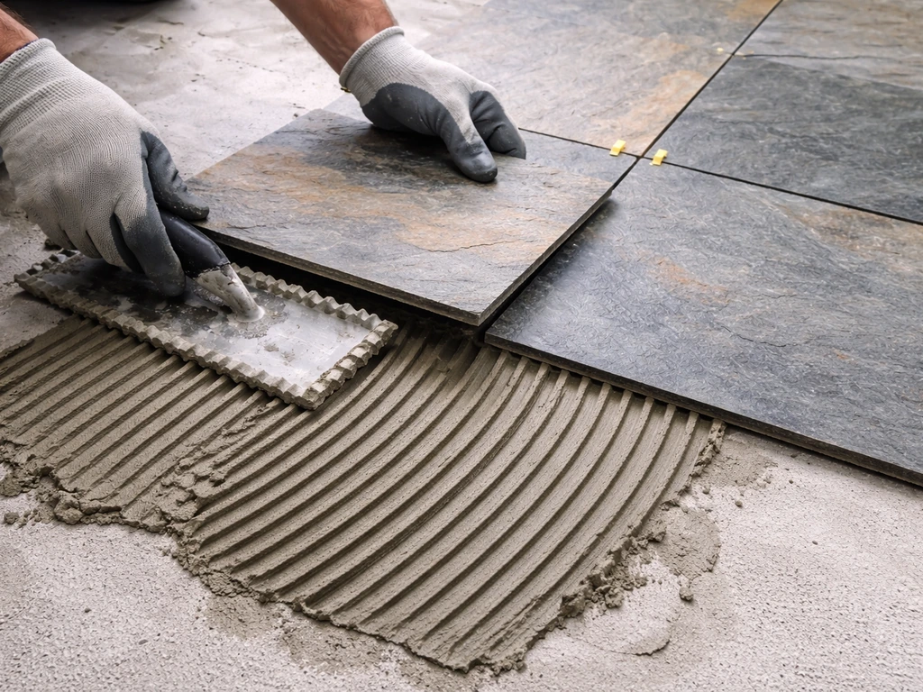 Installer aligns a slate tile on a mortar bed using a notched trowel, showing proper spacing.