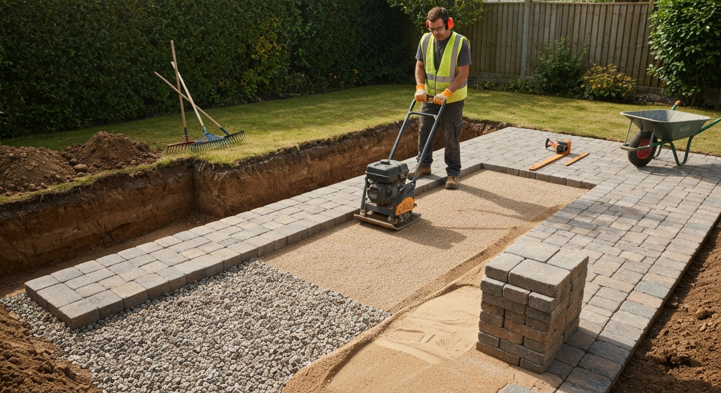 Angled photo of a worker using a plate compactor on a crushed stone patio base showing layered construction (soil, crushed stone, bedding sand, pavers).