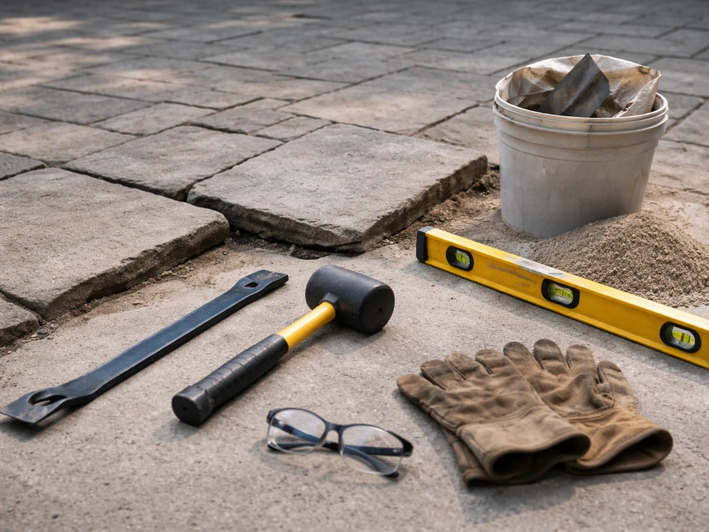 Tools and safety gear laid out beside a patio stone resetting workspace: pry bar, mallet, level, sand and mortar.