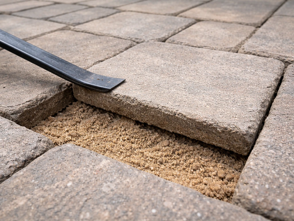 Pry bar lifting a loose patio stone to reveal exposed sand bedding underneath.