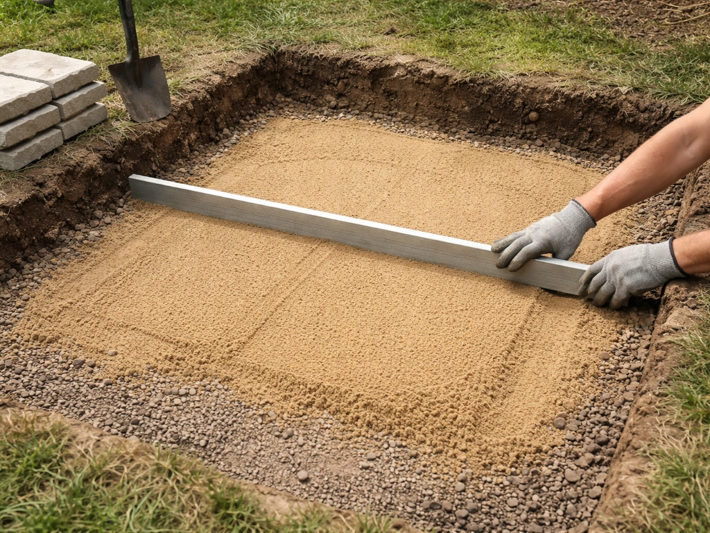 Excavated patio base with compacted soil and leveled bedding sand being screeded with a metal bar.
