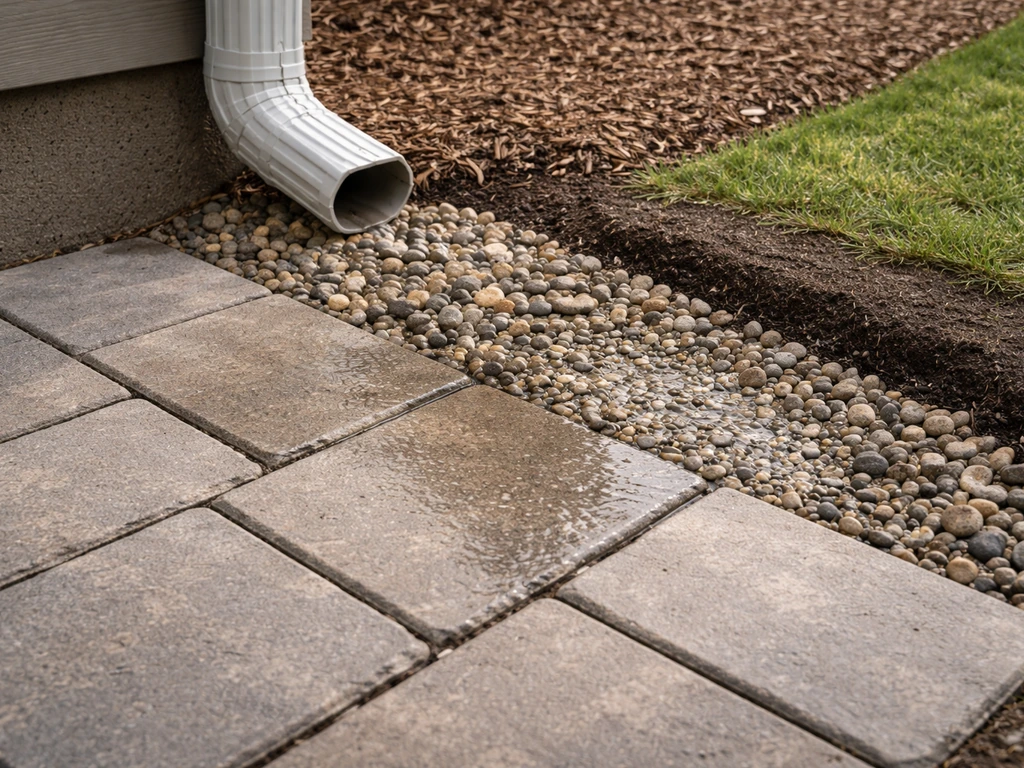 Patio stones with visible drainage gap and regraded soil directing water away from the house.