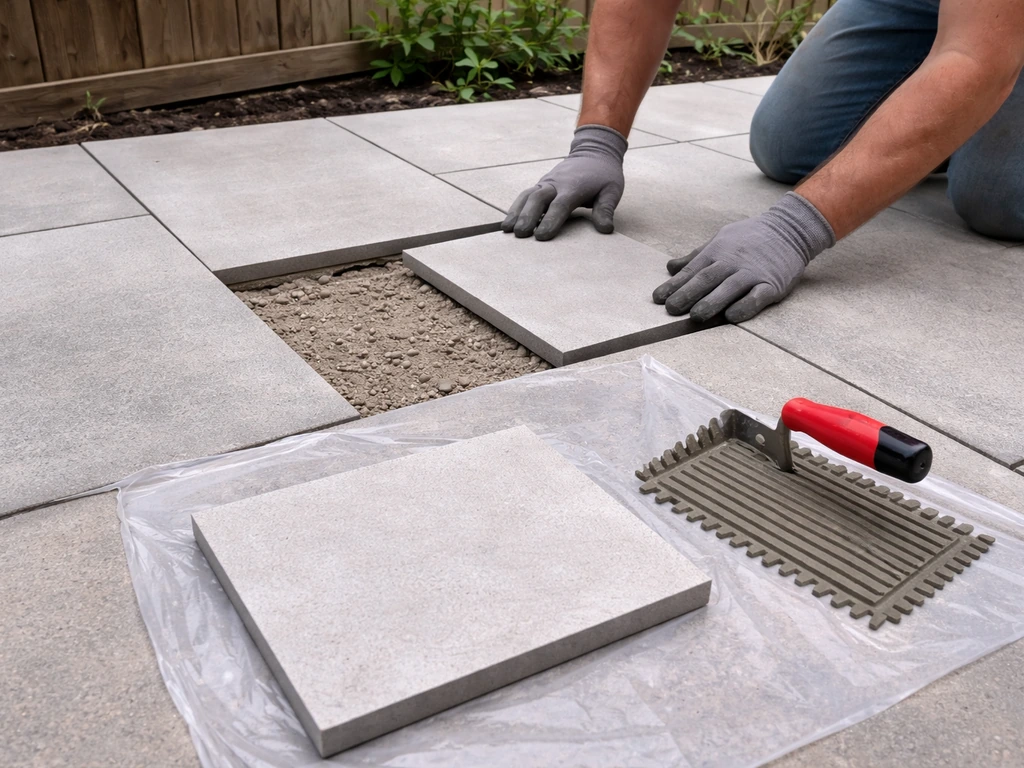 Backyard patio with one tile section removed and a new tile being set for a DIY repair.
