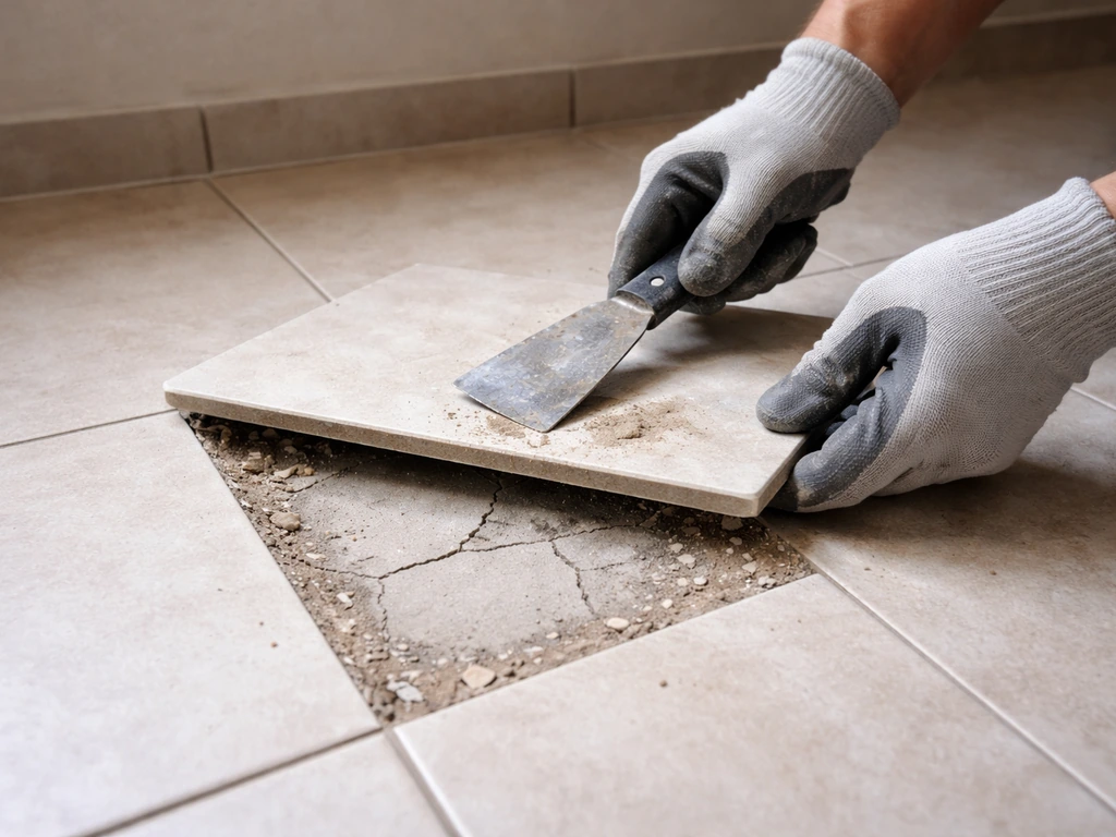 Gloved hands lift a cracked tile and inspect the surrounding damage on a quiet indoor floor.