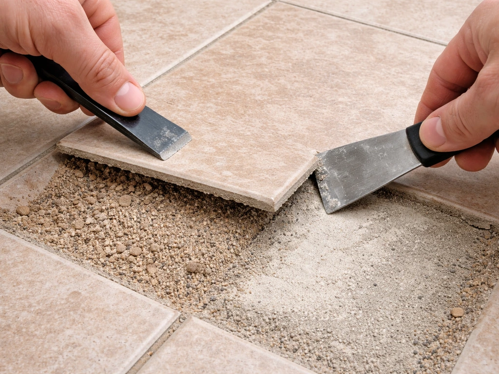Close-up of hands prying up a damaged floor tile to reveal clean, solid subfloor